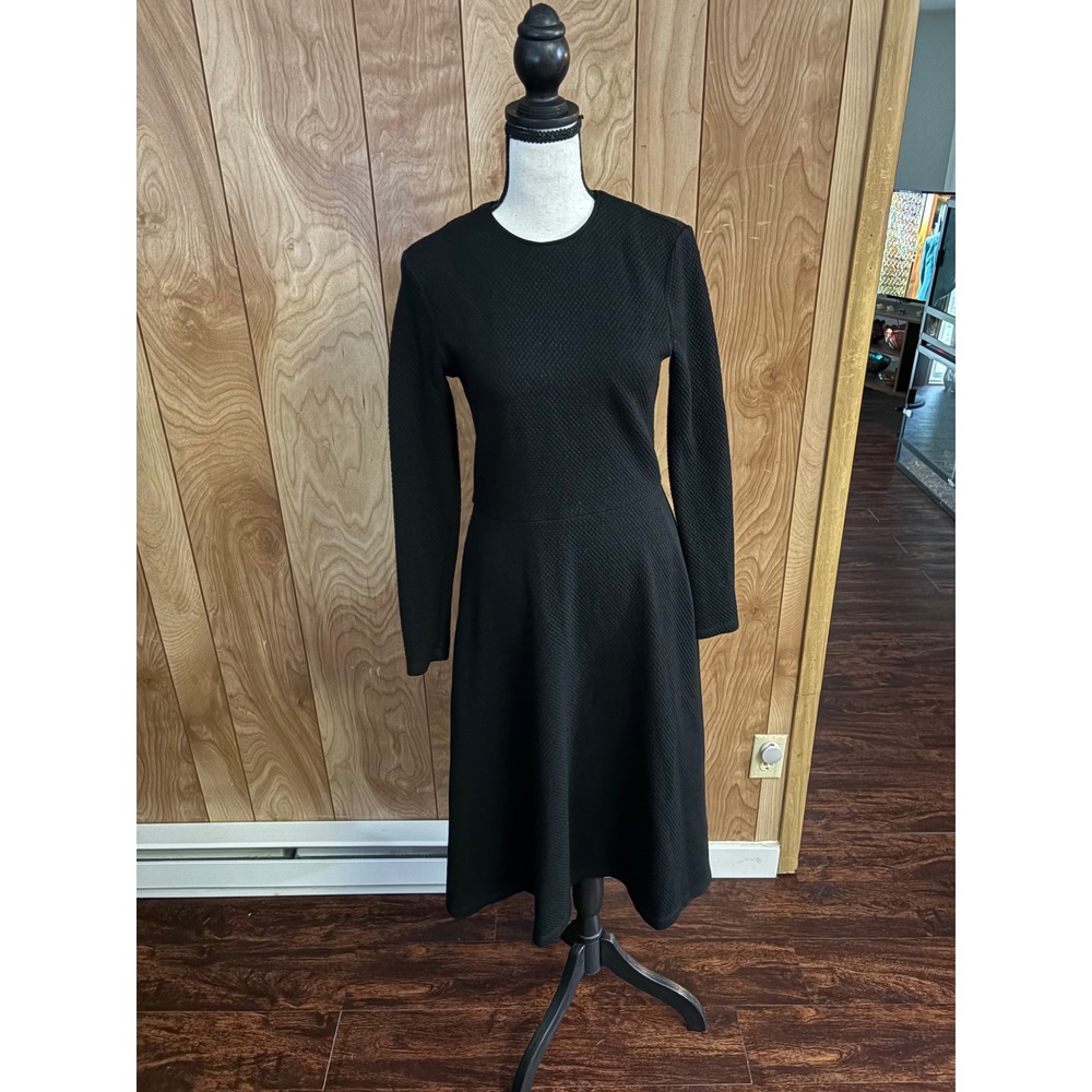 Vintage Black Textured Long Sleeve Fit and Flare Midi Dress Made in USA Size 6